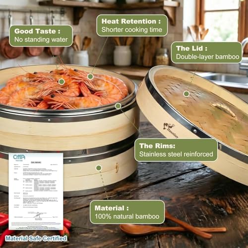 Bamboo Steamer Basket with Stainless Steel Rim 12 Inch Dumpling Steamer Kit