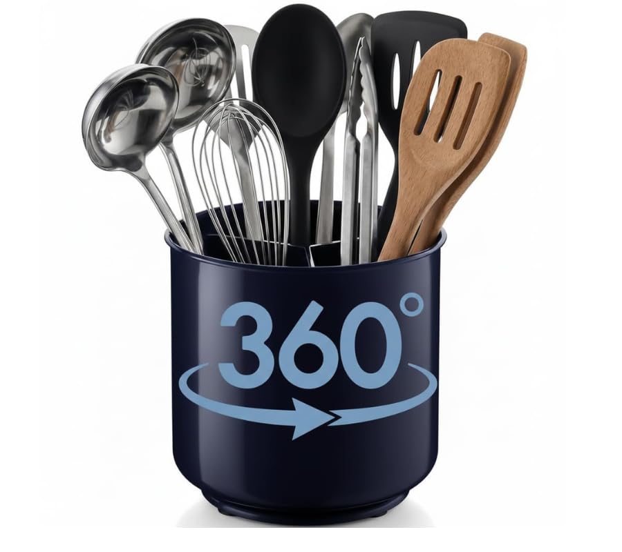 Plastic Large Rotating Navy Blue Kitchen Utensil Holder Countertop Caddy