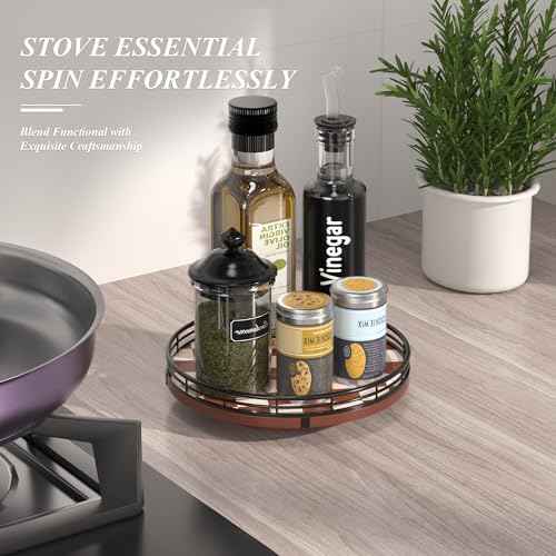 9 Inch Brown Checkerboard Lazy Susan Organizer with Black Metal Rail