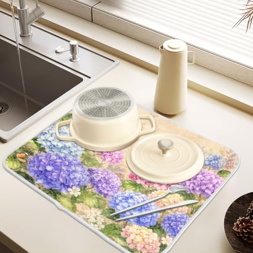 Vintage Flowers Spring Summer Dish Drying Mat for Kitchen Counter Absorbent Microfiber Hydrangea Butterfly Large Drying Pad Dish mats for Kitchen Countertops 18 x 24 Inch