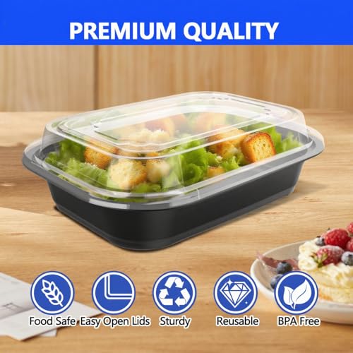 50 Pack (100-Piece) - 38oz Meal Prep Containers Salad & Snack Storage for Lunch | BPA Free & Leakproof Food Containers | To Go Take Out Plastic Bento Box | Microwave, Freezer, Dishwasher Safe (50 Count)