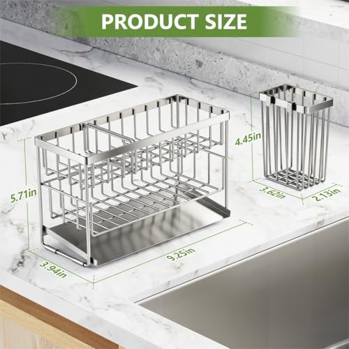 Silver 2 Tier Kitchen Sink Caddy Organzier Rack with Flexible Dish Brush Holder