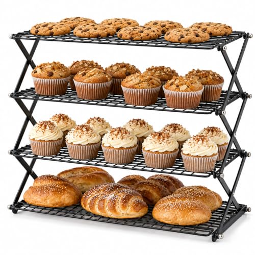 4 Tier Collapsible Cooling Rack with Adjustable 3 Setting Design Stackable Drying Wire Cooling Rack for Cooking and Baking