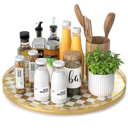 Gold and White Checkerboard Lazy Susan with Rubberwood Base and Metal Rail