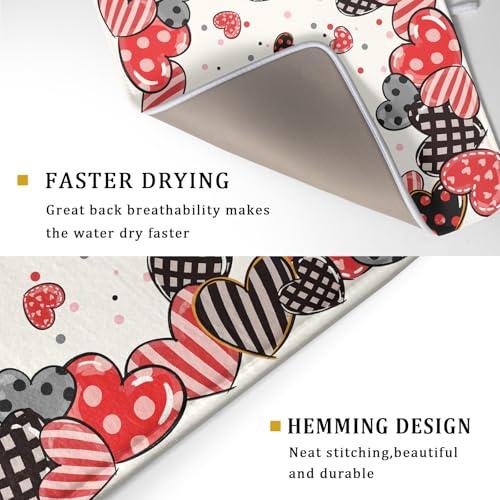 Red Heart Dish Drying Mat 18"x24" Love Dots Microfiber Dish Drainer Rack Mat Holiday Absorbent Fast Dry Pad for Kitchen Counter Home Decor