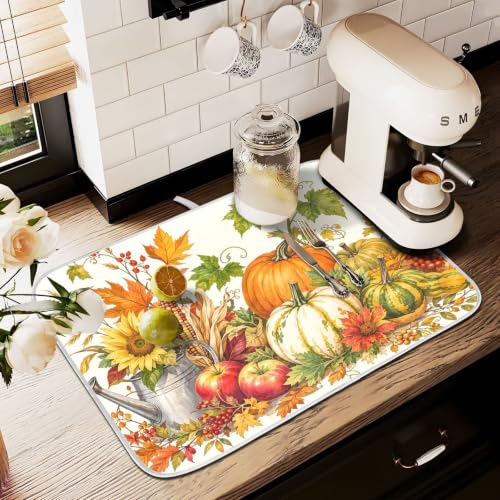 Autumn Fall Harvest Pumpkins Dish Drying Mat for Kitchen Counter Absorbent Microfiber Small Drying Pad Dish mats for Kitchen Countertops 16 x 18 Inch
