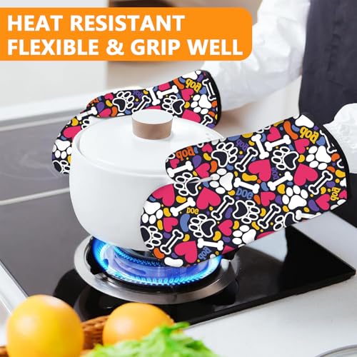 Paw Prints Oven Mitts and Bones Hearts Pot Holders Sets 4Pcs