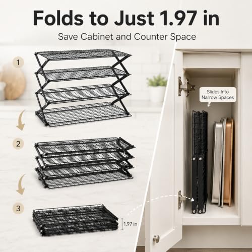 4 Tier Collapsible Cooling Rack with Adjustable 3 Setting Design Stackable Drying Wire Cooling Rack for Cooking and Baking