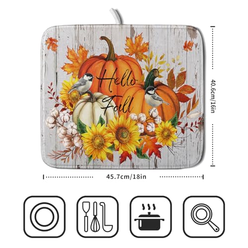 Hello Fall Dish Drying Mat for Kitchen Counter 16x18 Inch Orange Pumpkin Absorbent Drying Pad with Hanging Loop Autumn Home Decoration