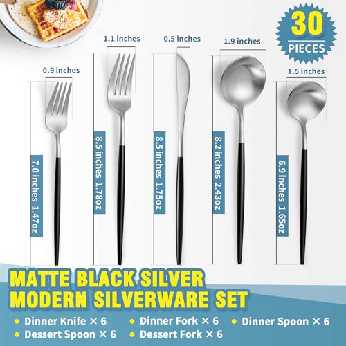 Matte Black Silver Silverware Set for 6 (30 Count)