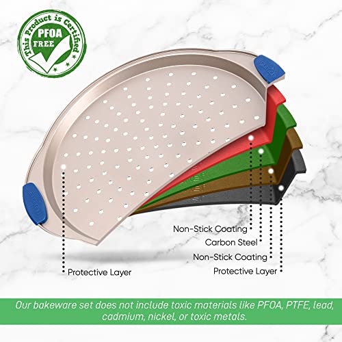 13-Inch Non-Stick Pizza Tray with Silicone Handle - Perforated Carbon Steel, Dishwasher Safe, PFOA Free - Champagne Gold - 12 Pack