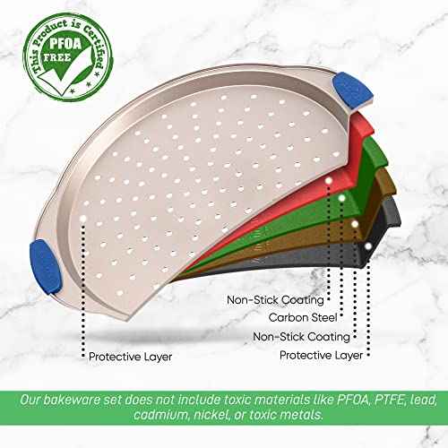 13-Inch Non-Stick Pizza Tray with Silicone Handle - Perforated Round Steel Pan, Dishwasher Safe - 2 Pack - Champagne Gold
