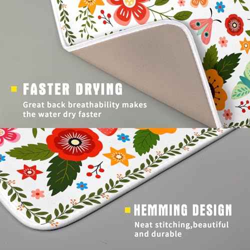 Colorful Boho Floral Dish Drying Mat 16x18 Inch Dishes Dry Pad Drainer Rack Mats Absorbent Hanging Loop Kitchen Counter Bar Accessories