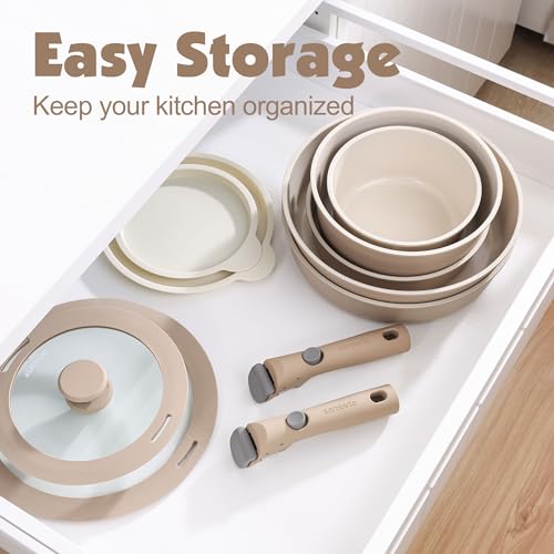 24 Piece Ceramic Detachable Handle Pots and Pans Set Almond Beige