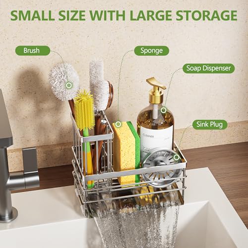 Sink Caddy Sponge Holder for Kitchen with Brush Holder and Stainless Steel Self Drain Tray