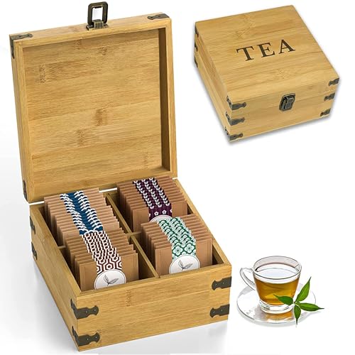 Tea Organizer Box 7.4" x 8.1" x 4.2" Bamboo Wood Organizer Storage Chest 4 Tall Adjustable Slots 100% Handmade Eco