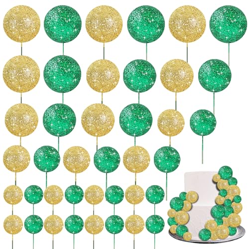 40 Pcs Ball Cake Toppers Mini Balls Cake Decorations Green Gold Foam Balls Sticks DIY Cake Topper for St Patrick's Day Congrats Grade 2026 Graduation Birthday Decorations (40 Count)