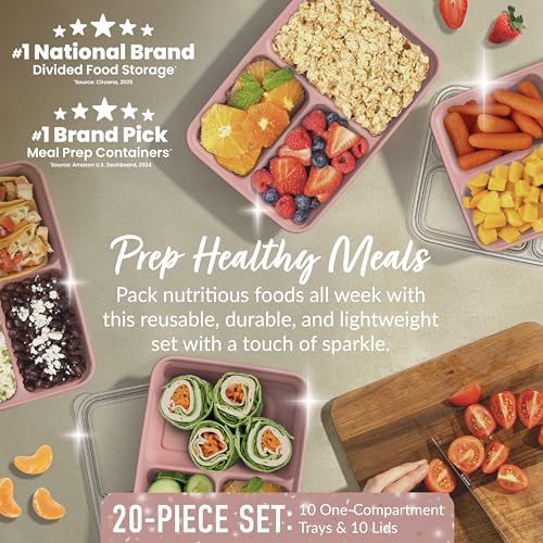 Prep - 20-Piece 3-Compartment Reusable Meal Prep Containers with Lids, PFAS & BPA Free Materials, Durable, Microwave, Freezer, & Dishwasher Safe To Go Food Storage (Rosette Glitter) (20 Count)