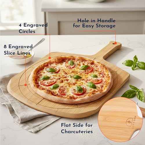 Wooden Pizza Peel 12 Inch Board with Engraved Sizes