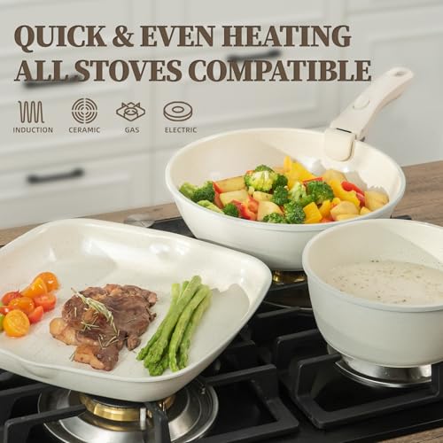 23Pcs Ceramic Cookware Set Non Stick Pots and Pans Set Non Toxic with Detachable Handle Induction Kitchen Cookware Set Space Saving