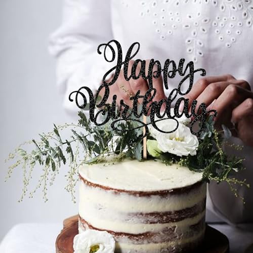 1 PCS Happy Birthday Cake Topper Glitter Happy Birthday Cake Pick Bunting Decor for Anniversary Celebrating Happy Birthday Party Cake Decorations Supplies Black