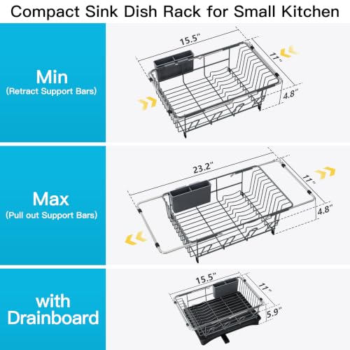 Gray Dish Drying Rack in Sink with Drainboard and Utensil Holder