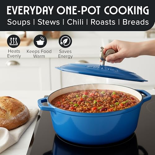 MUELLER HOME 5.5 Quart Enameled Cast Iron Oval Dutch Oven w Rooster Knob & Cotton Potholders