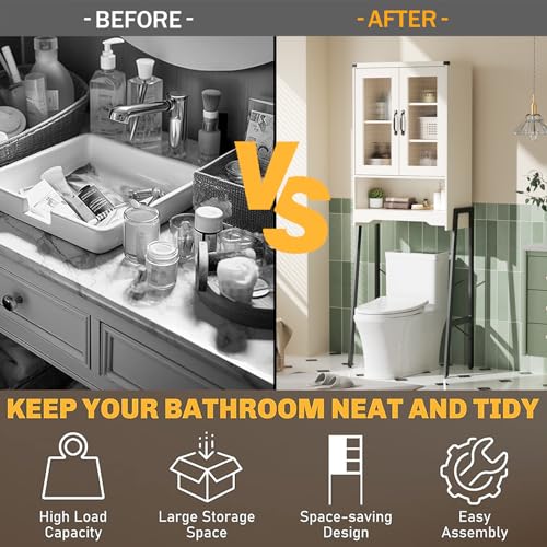 Over The Toilet Storage Cabinet with Tempered Glass Doors & Adjustable Shelf