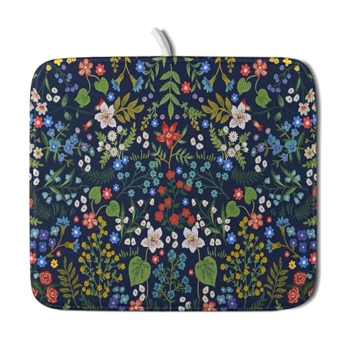 Flower Floral Dish Drying Mat Microfiber Navy Blue Absorbent Drying Pad for Kitchen Counter Small