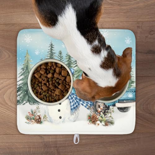Winter Snowman Blue Dish Drying Mat Xmas Truck Dishes Pad 16"x18" Microfiber Absorbent Drainer Rack Mats Protector for Kitchen Counter Sink