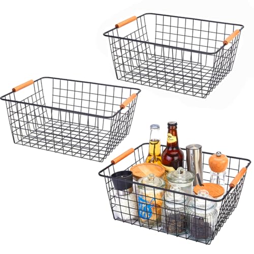 Large black wire baskets with Wooden Handles for storage pantry