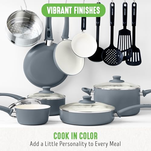 Soft Grip Healthy Ceramic Nonstick 18 Piece Kitchen Cookware Pots and Frying Sauce Saute Pans Set