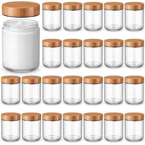 24 Pcs 8oz Glass Jars with Lids Empty Small Glass Containers and Inner Liners Reusable Cosmetic Jars Round Airtight Bottles with Plastic Wood Grain Lids for Travel (24 Count)