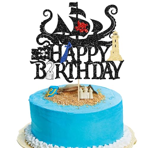 1Pcs Pirates Happy Birthday Cake Topper Pirate Ship Nautical Cake Pick for Pirates Theme Baby Shower Birthday Party Cake Decorations Supplies Gold