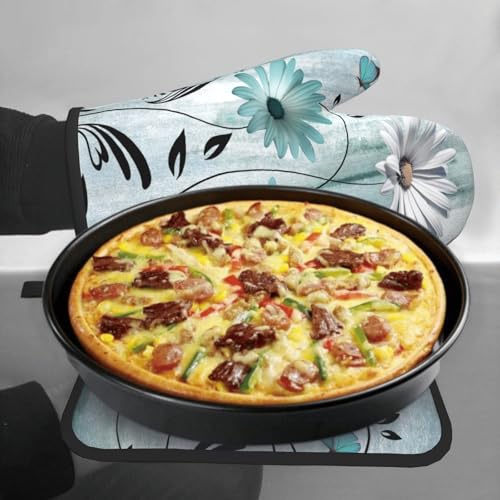 Daisy Floral Oven Mitts and Pot Holder Set of 2 Teal White Flower Heat Resistant Kitchen Mitts Potholders Washable for Cooking Grilling BBQ
