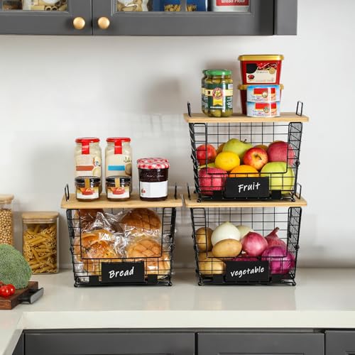 2 Set Large Stackable Wire Basket with Bamboo Tops & Tag (2 Count)