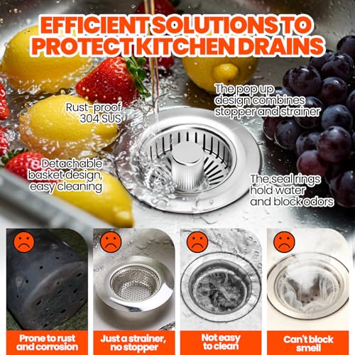 3 in 1 Kitchen Sink Drain Strainer and Stopper Brushed Silver (2 Count)