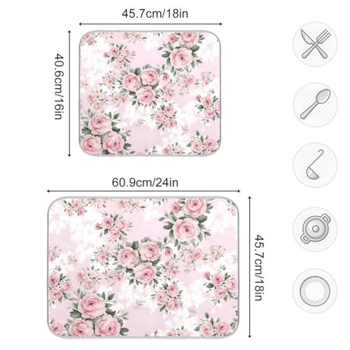 Floral Pink Roses Bouquets Dish Drying Mat for Kitchen Counter Absorbent Microfiber Drying Pad