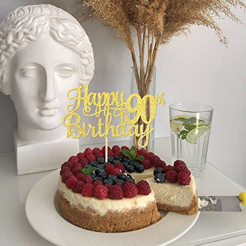 1 PCS Happy 90th Birthday Cake Topper Gold Glitter Cheers to 90 Years Birthday Cake Pick 90 Fabulous Cake Decoration for Happy 90th Birthday Theme Party Decorations Supplies