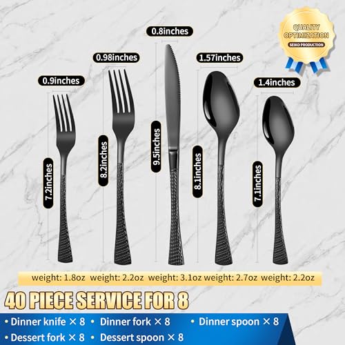Hammered Black Silverware Set for 8 (40 Count)