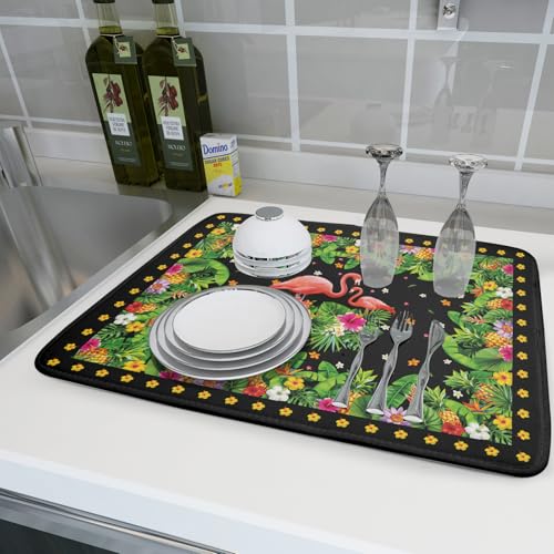 Tropical Flamingo Dish Drying Mat Palm Leaves Absorbent Dishes Drainer Pad Microfiber Dish Rack Mat for Kitchen Countertop Decor 18x24 Inch