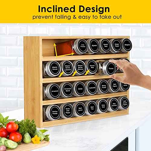 Bamboo Spice Rack Organizer With 28 Glass Spice Jars 4 oz (28 Count)