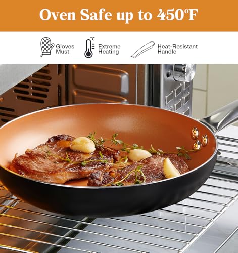 10in Copper Nonstick Frying Pans with Lids and Titanium Ceramic Interior