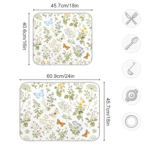 Herbs Flowers Botanical Butterfly Dish Drying Mat for Kitchen Counter Absorbent Microfiber Drying Pad
