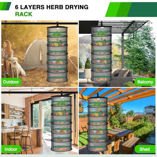 6 Layer Herb Drying Rack Hanging Mesh Net Foldable Plant Drying Racks 24" Diameter with Green Zipper & Hook Dryer Hanging Rack for Herbs Seed Bud Fruit Clothes Grow Tent Closets Garden Outdoor