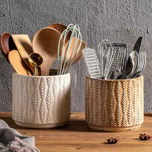 Utensil Holder Rustic Farmhouse Ceramic Utensil Crock for Countertop 5.3
