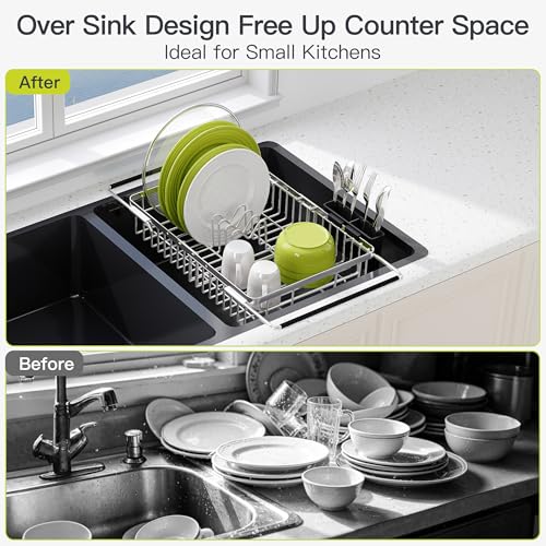 Expandable Dish Drying Rack Over the Sink with Utensil Holder