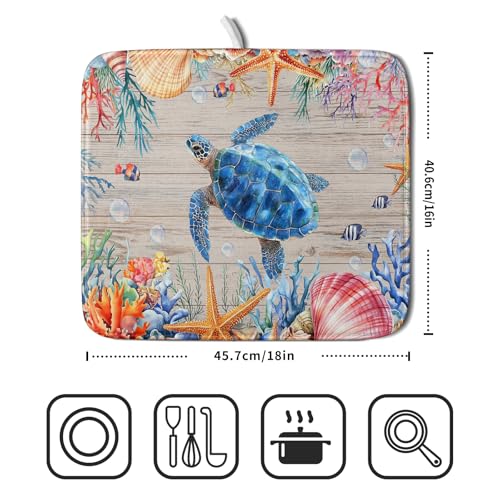Sea Turtle Dish Drying Mat 16x18 inch Tropical Ocean Fast Dry Absorbent Microfiber Dishes Drainer Rack Pad for Countertop Bar Table Decor