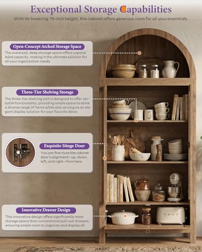 71'' Arched Pantry Cabinet with Glass Door for Kitchen Dining Room