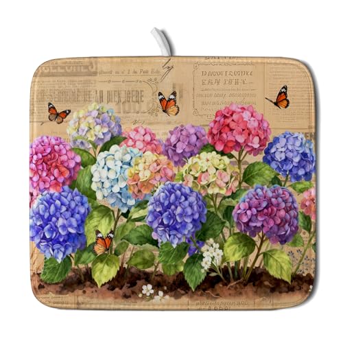 Vintage Hydrangea Dish Drying Mat Watercolor Floral Microfiber Absorbent Dish Drying Pad for Kitchen Counter Small